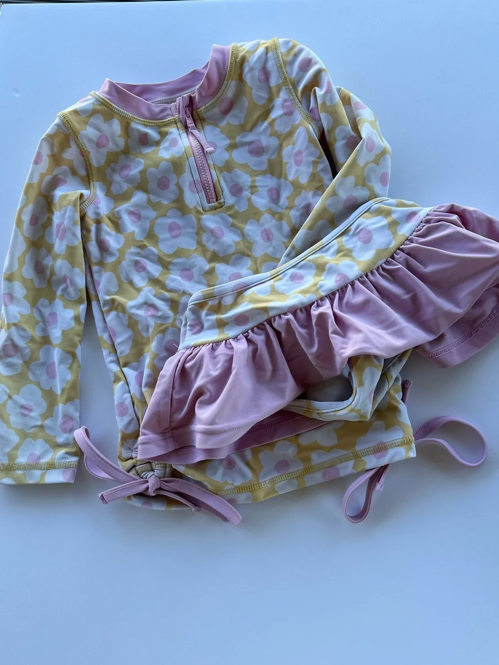 Caden Lane Daisy Floral Rash Guard Swimsuit Set Girls 4T Pink Yellow Ruffle UPF